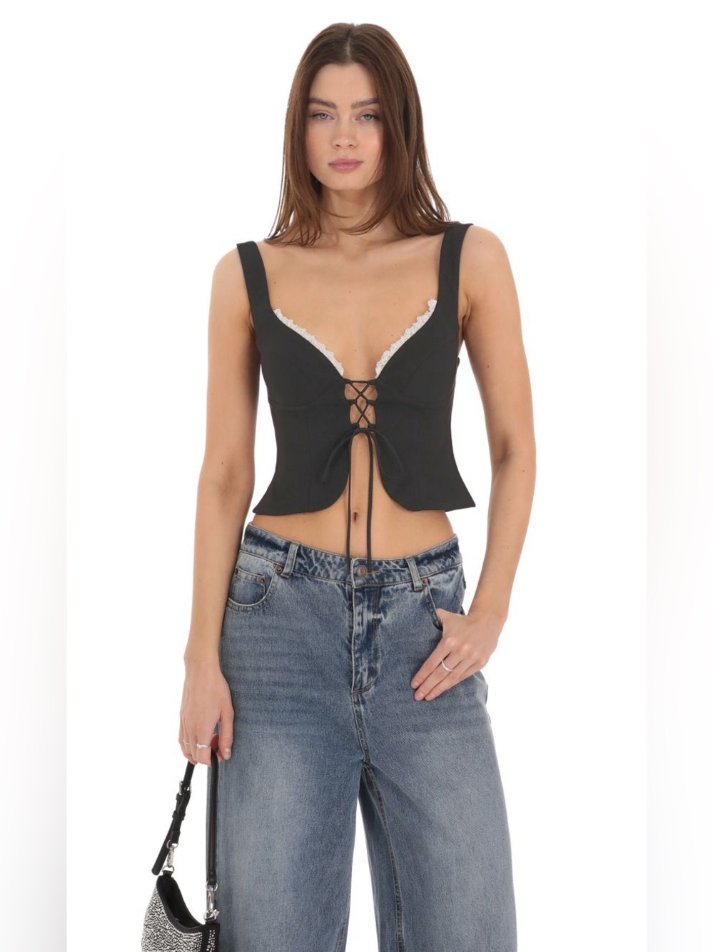 Lucy in the Sky Front Tie Vest Top in Black Large Coquette Romantic Goth